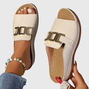 Lucinda Vanbrace | White Gold Buckle Slip-On Sandals
