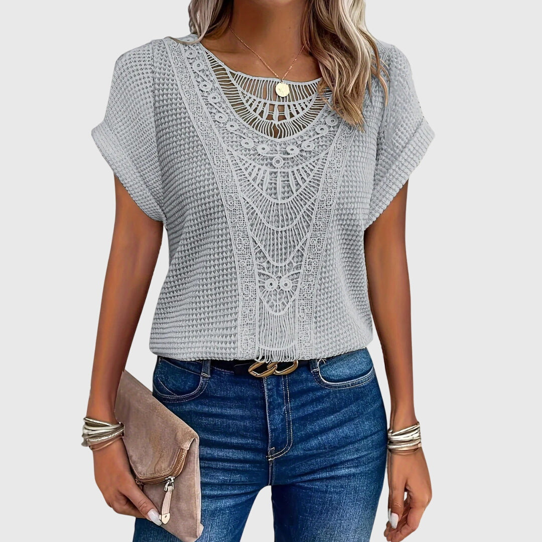Clarisse Montveil | Cream Lace Detail Waffle Knit Blouse
