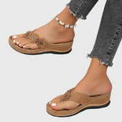 Marietta Dunrosse | Blue Flower Wedge Flip Flop Sandals