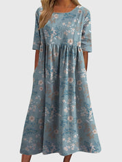 Rowena Beauclaire | Blue Floral Midi Dress with Half Sleeves