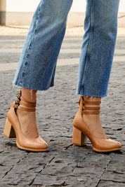 Mathilde Renoncourt | Tan Block Heel Sandal with Double Ankle Strap