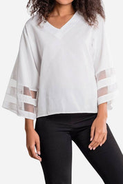 Florinda Ashcombe | White V-Neck Bell Sleeve Blouse with Mesh Panel Detail