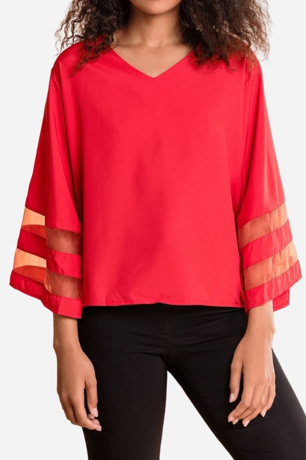 Florinda Ashcombe | White V-Neck Bell Sleeve Blouse with Mesh Panel Detail