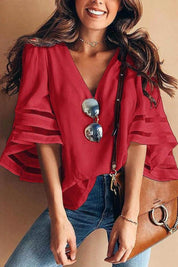 Florinda Ashcombe | White V-Neck Bell Sleeve Blouse with Mesh Panel Detail