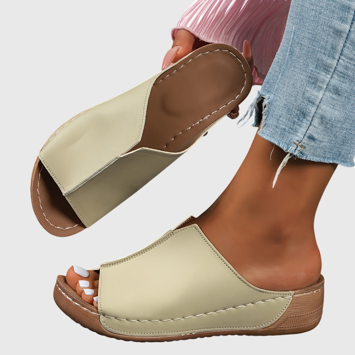 Lucienne Ashvale | White Open-Toe Wedge Slides