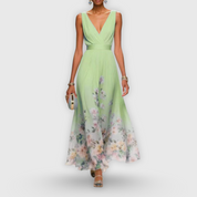 Claudette Fairvaux | Blue Floral Maxi Dress with V-Neckline