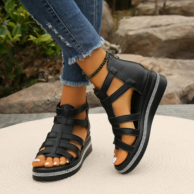 Luciana Stormvale | Black Gladiator Platform Sandals with Rhinestone Detail
