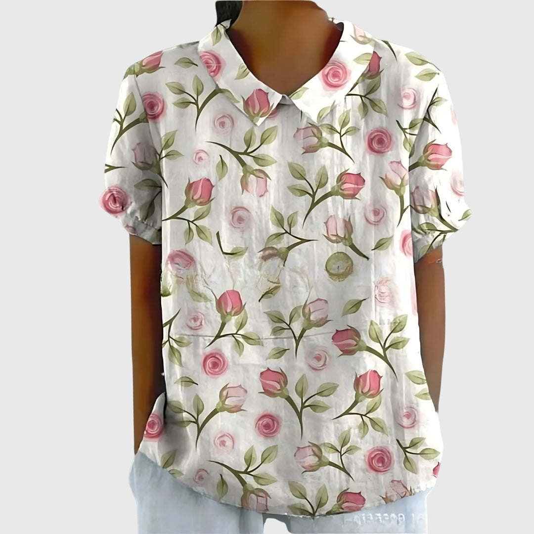 Éloise Fairverne | Green Floral Print Short Sleeve Blouse