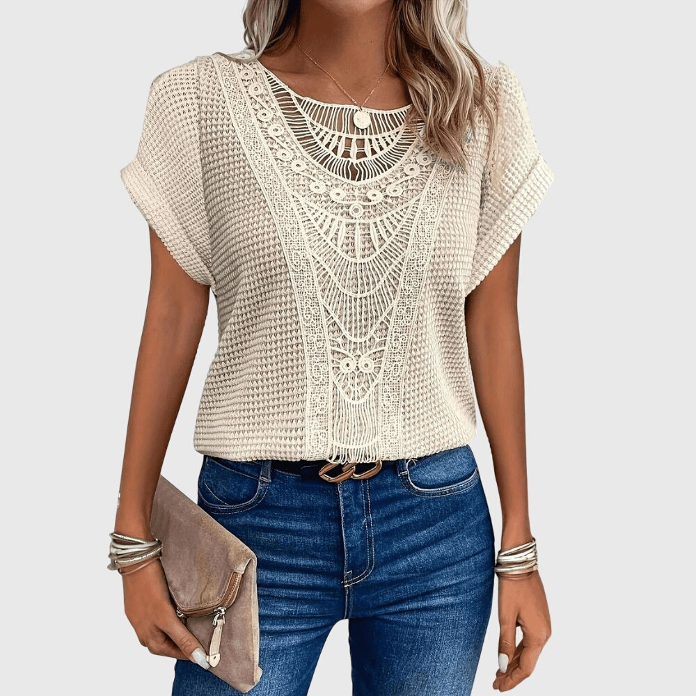 Clarisse Montveil | Cream Lace Detail Waffle Knit Blouse