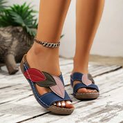 Serena Valmontclair | Colorblock Leaf Appliqué Slip-On Wedge Sandals