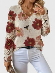 Rosalinde Fonteclair | Floral Knit V-Neck Sweater with Lace Sleeves