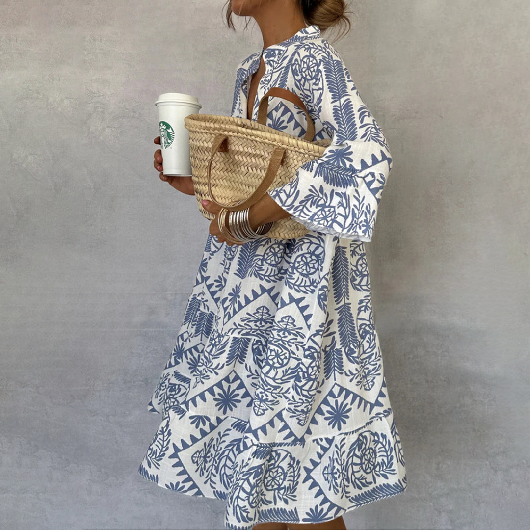 Florianne Beaumont | Blue & White Boho Print V-Neck Swing Dress