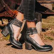 Corinna Ashvale | Tan Leather Block Heel Ankle Boot with Double Buckle Straps
