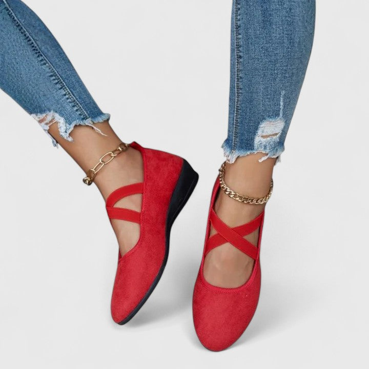 Eleanore Vantisse | Black Suede Cross-Strap Wedge Flats