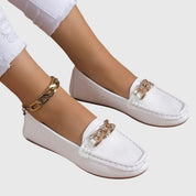 Camille Beaudreau | White Flat Loafers with Gold Chain Detail