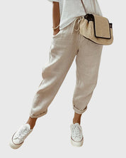 Odeline Vanthorpe | High Waist Linen Drawstring Pants in Beige