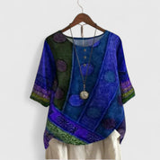 Celestia Vordaine | Bohemian Patchwork Print Short-Sleeve Top