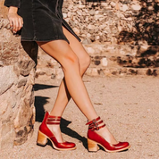 Corinna Ashvale | Tan Leather Block Heel Ankle Boot with Double Buckle Straps