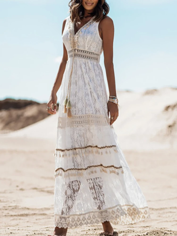 Celestine Beausoleil | Ivory Lace Boho Maxi Dress