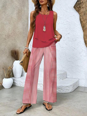 Sylvette Montcourt | Sleeveless Layered Top & Leaf-Print Wide-Leg Pants Set