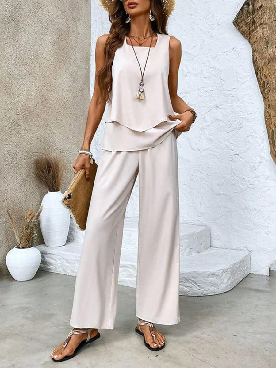 Sylvette Montcourt | Sleeveless Layered Top & Leaf-Print Wide-Leg Pants Set