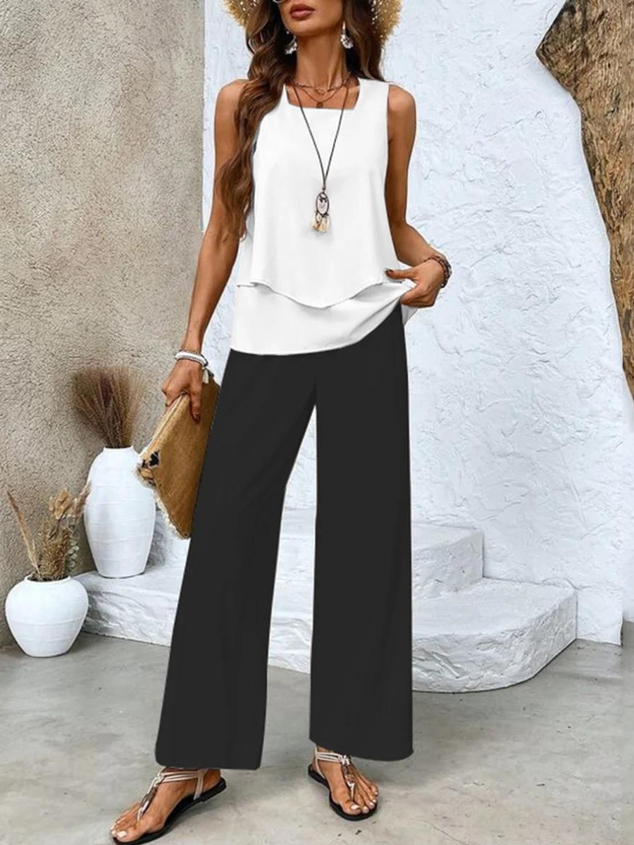 Sylvette Montcourt | Sleeveless Layered Top & Leaf-Print Wide-Leg Pants Set