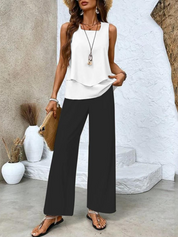 Sylvette Montcourt | Sleeveless Layered Top & Leaf-Print Wide-Leg Pants Set