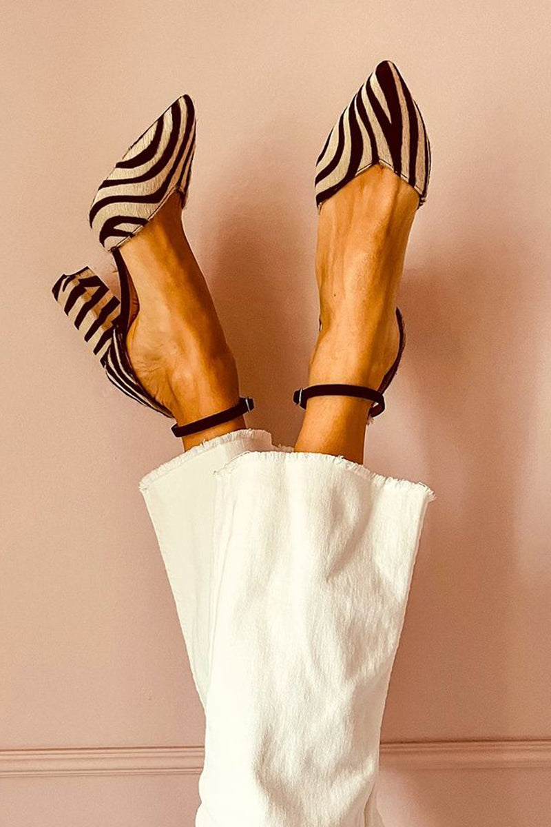 Marceline Vaudreuil | Zebra Print Ankle Strap Mid Heel Sandals