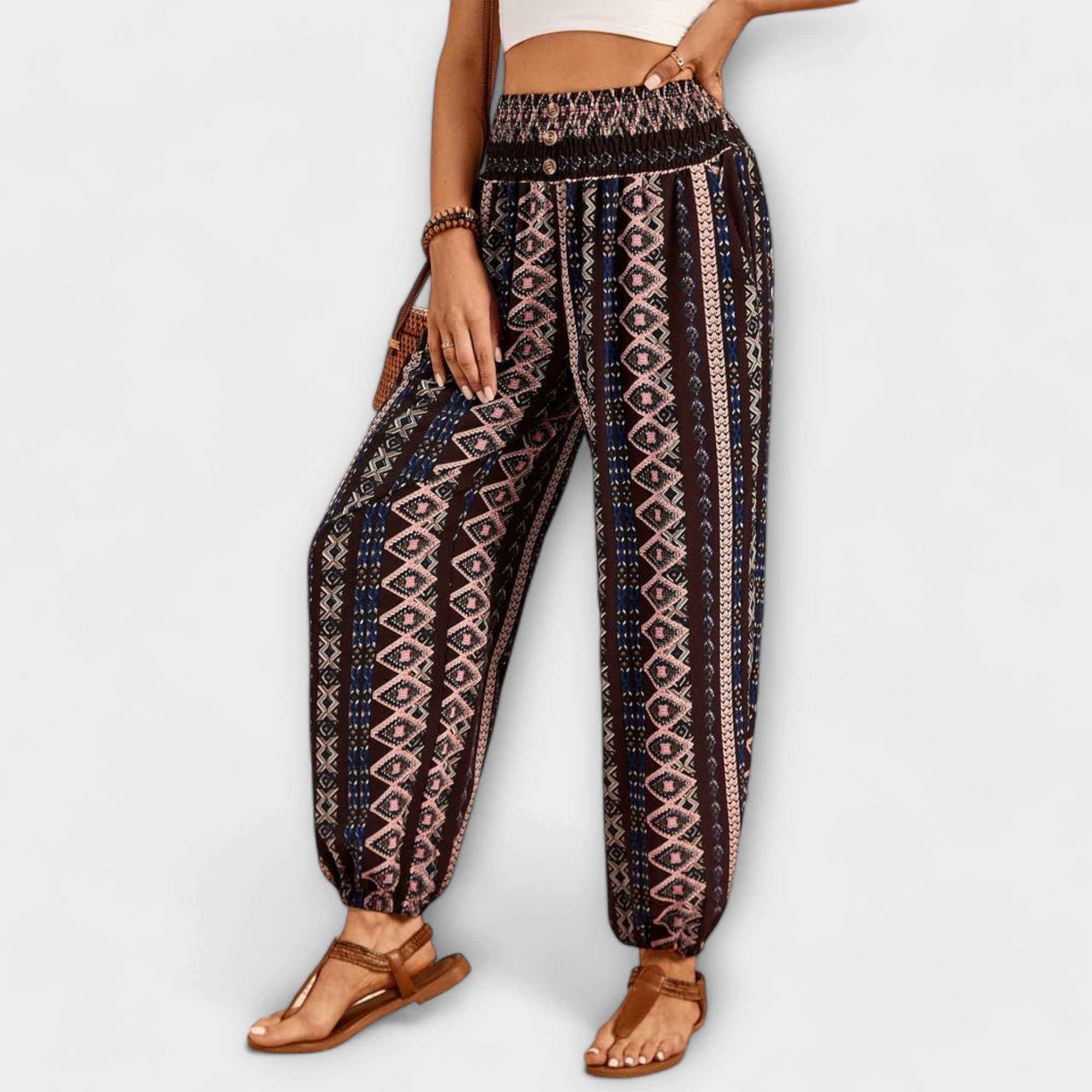 Giselle Tamberlaine | Boho Ethnic Print Smocked Waist Harem Pants