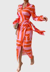 Delphine Vauclaire | Orange & Pink Geometric Print Wrap Midi Dress