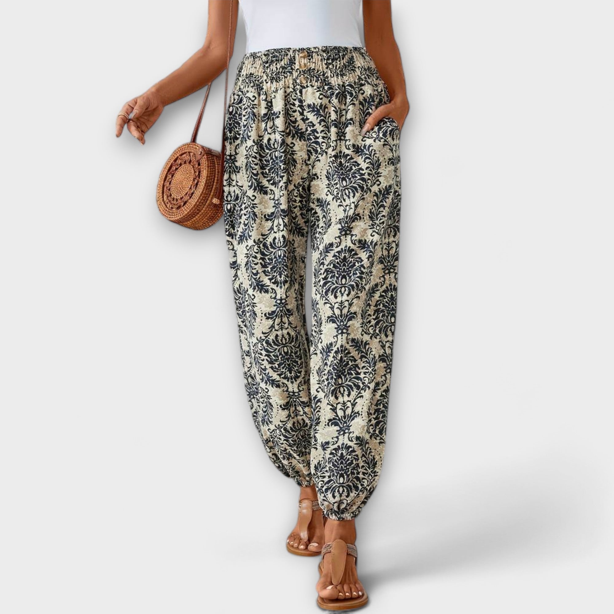 Giselle Tamberlaine | Boho Ethnic Print Smocked Waist Harem Pants