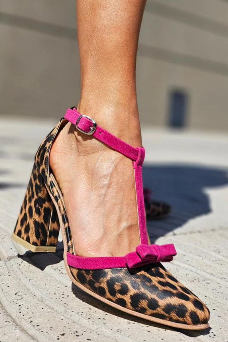 Vittoria Sandrelli | Leopard Print T-Strap Heels with Pink Bow Accent