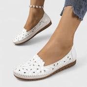 Celestine Fairvaux | White Hollow-Cut Slip-On Flat Loafers