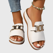 Lucinda Vanbrace | White Gold Buckle Slip-On Sandals