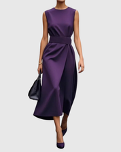 Aurelianne Fontcrest | Rust Brown Sleeveless Midi Dress with Waist Sash