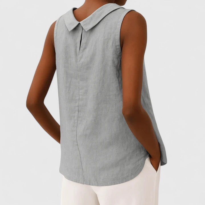 Isabelle Tournier | Sleeveless Linen Roll Collar Top in Blue