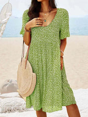Fleurette Dawnvale | Blue Ditsy Floral V-Neck Smock Midi Dress