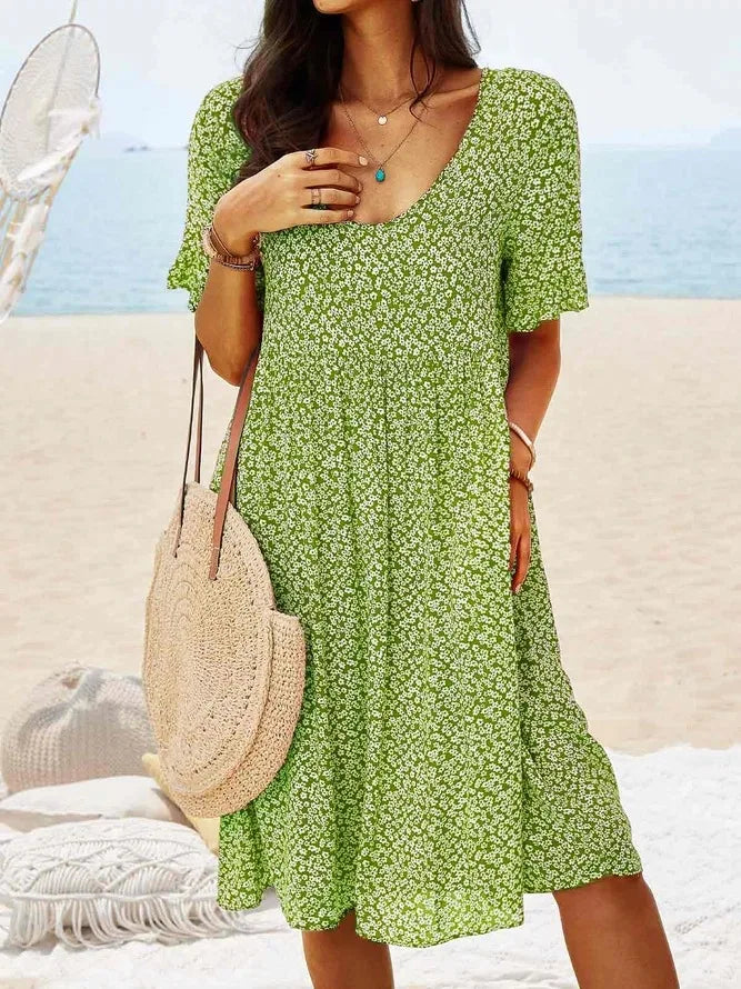 Fleurette Dawnvale | Blue Ditsy Floral V-Neck Smock Midi Dress