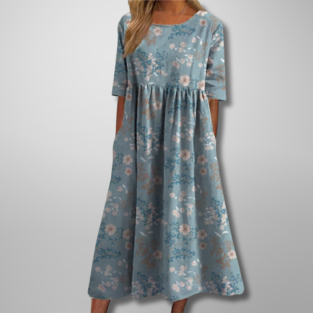 Corinthia Delvaux | Blue Floral Midi Dress with 3/4 Sleeves