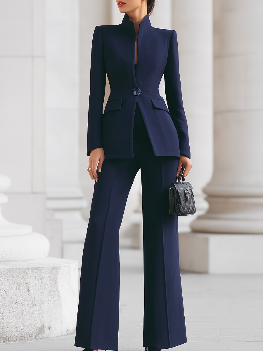 Eleanora Vantisse | Navy Blue Stand Collar Blazer & Wide Leg Pants Two-Piece Set