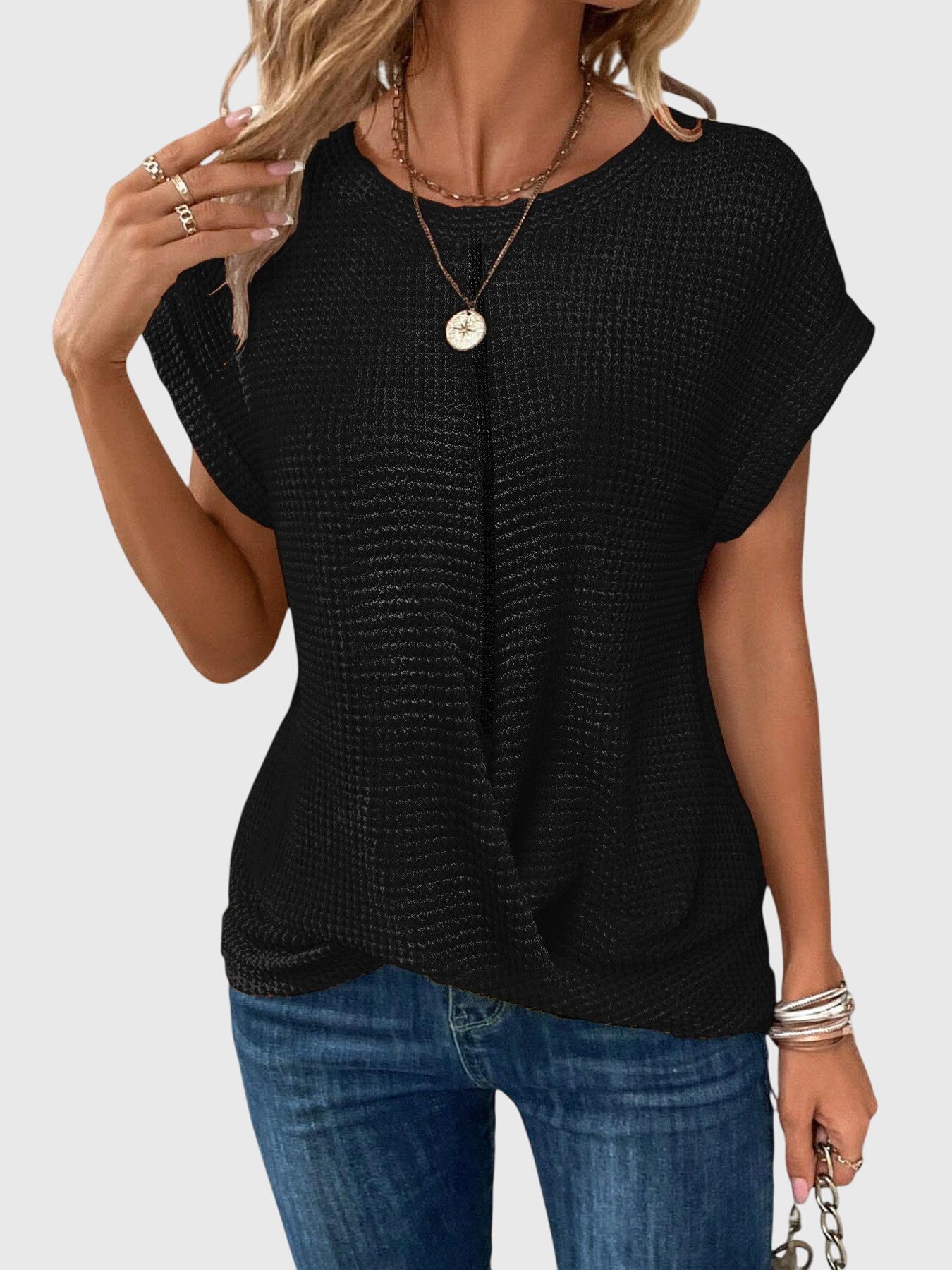 Thalia Wentmore | Rust Orange Waffle Knit Crew Neck Blouse