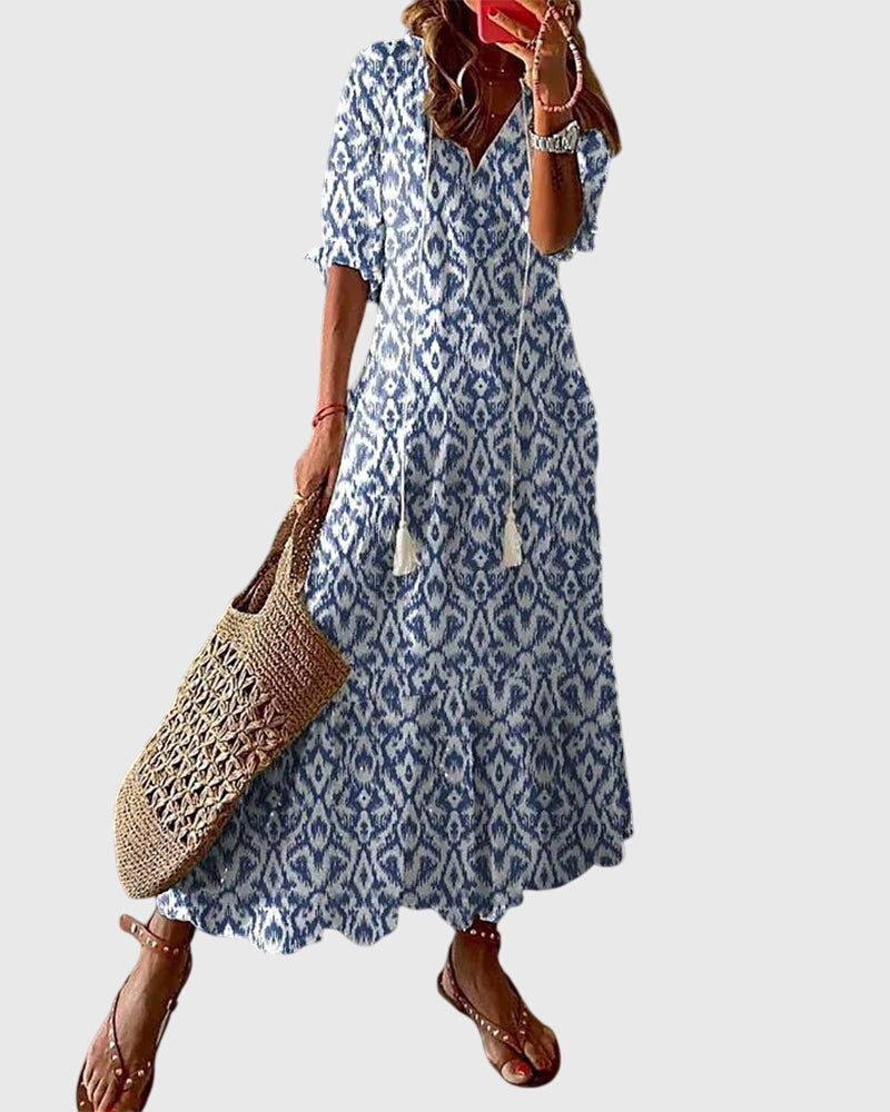 Cressida Montvallon | Blue Ikat Print Boho Maxi Dress