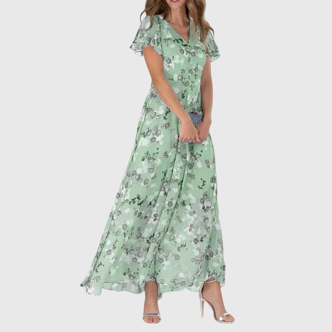 Rosalinda Vaumont | Peach Floral Maxi Dress with Flutter Sleeves