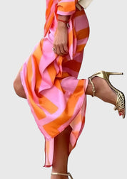 Delphine Vauclaire | Orange & Pink Geometric Print Wrap Midi Dress