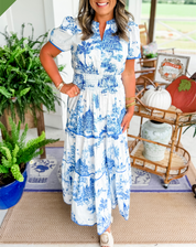 Céleste Wyndmere | Classic Toile Maxi Dress in White & Brown