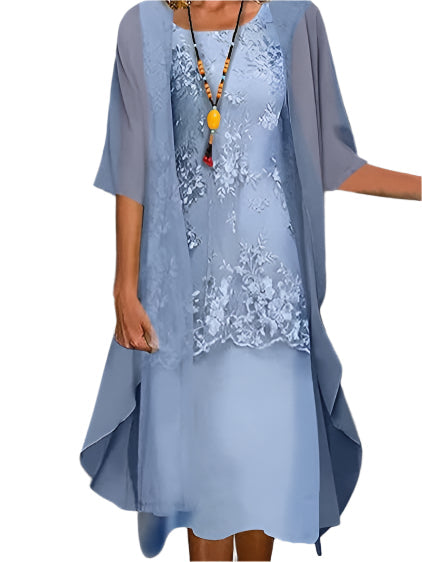 Rosalinde Vaumont | Floral Lace Layered Sheer Sleeve Midi Dress