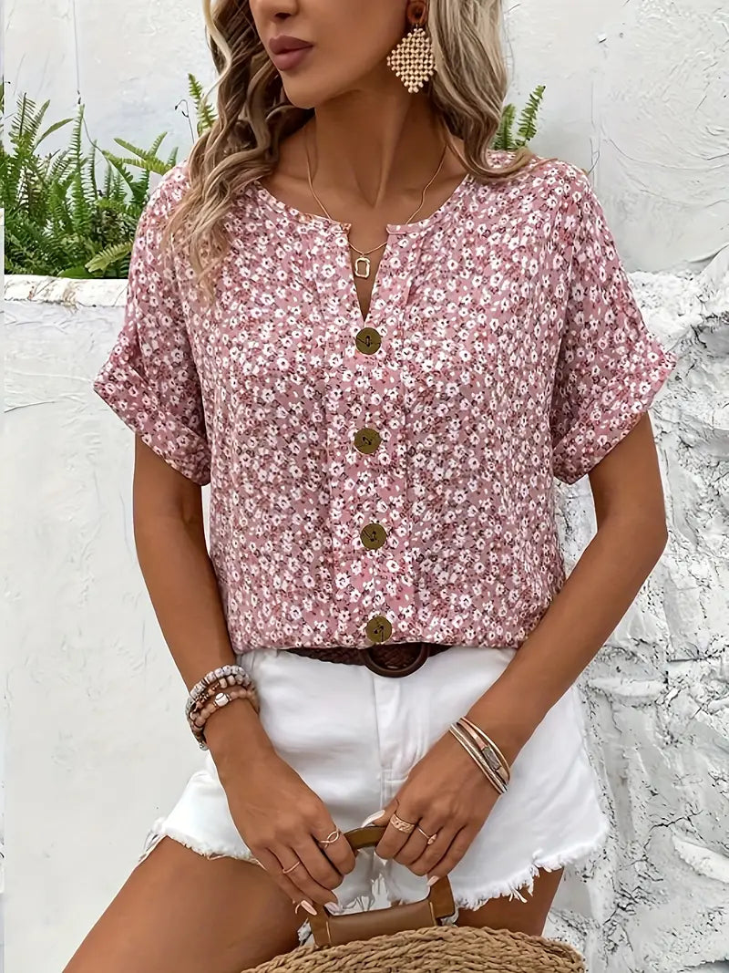 Elspeth Faircombe | Pink Floral Print Button-Up Blouse
