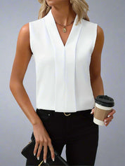 Miriam Castellane | White V-Neck Sleeveless Pleated Blouse