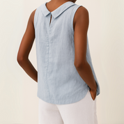 Celeste Dunmore | Sleeveless Roll Collar Top in Blue Grey Linen