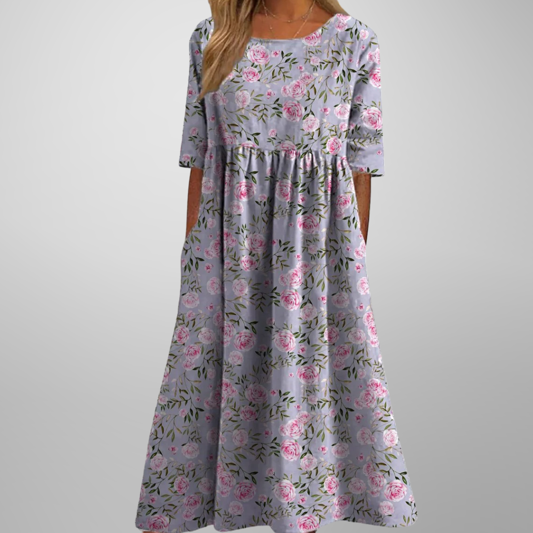 Corinthia Delvaux | Blue Floral Midi Dress with 3/4 Sleeves